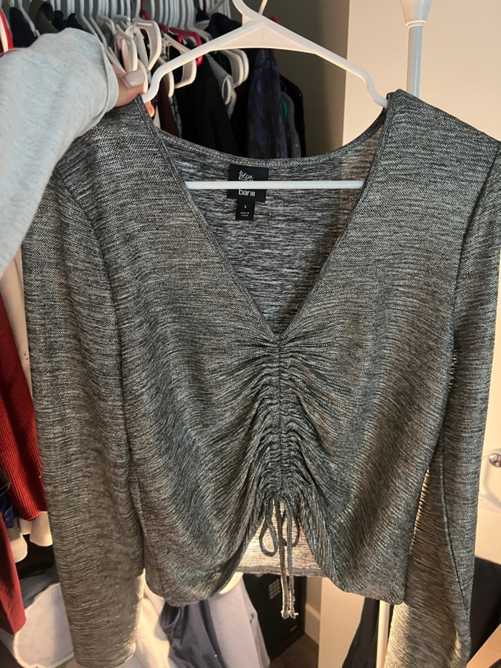 Bar III Heather Gray Ruched V-Neck Long Sleeve Top